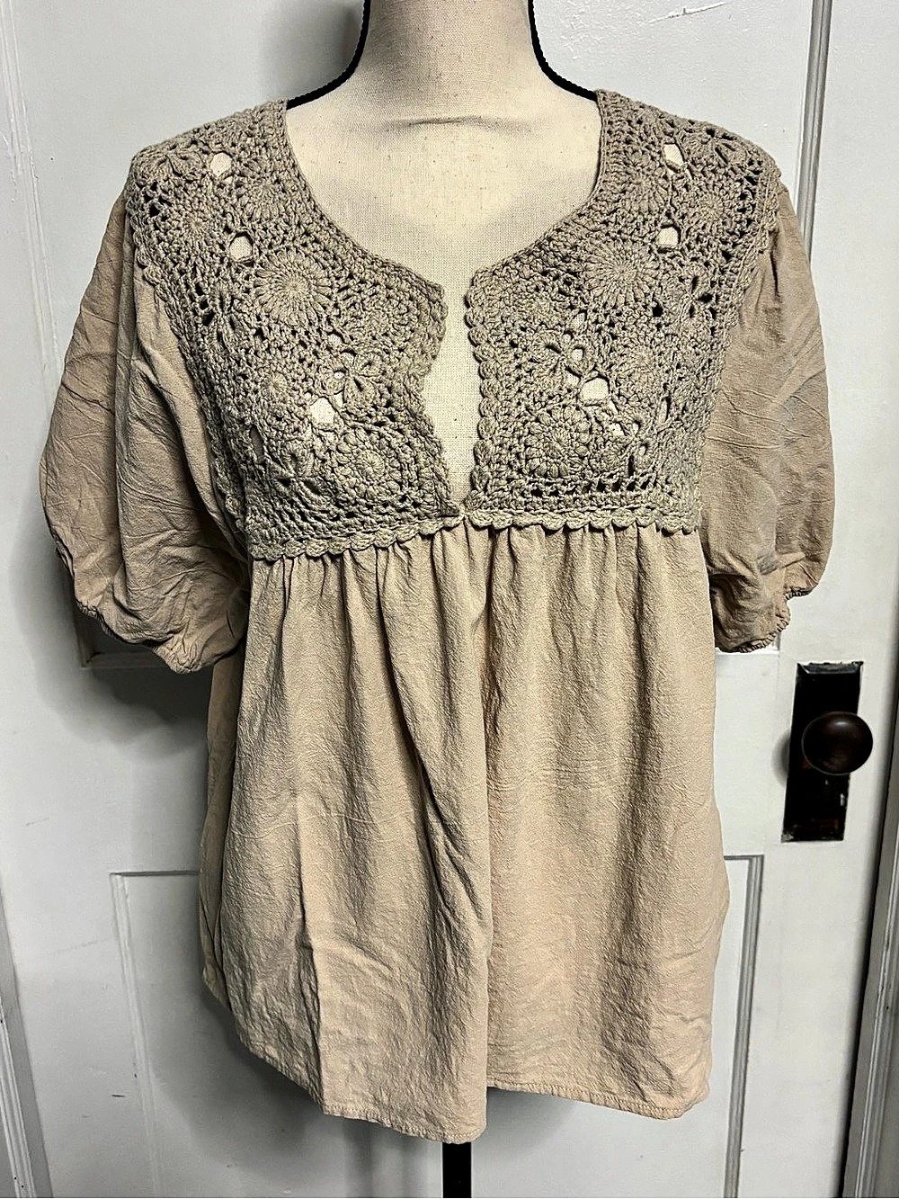 Lovely Melody MT-1801 Crochet Yoke Tunic Beige XL
